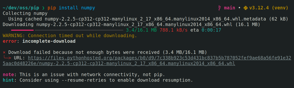 screeenshot of pip diagnostic incomplete-download error