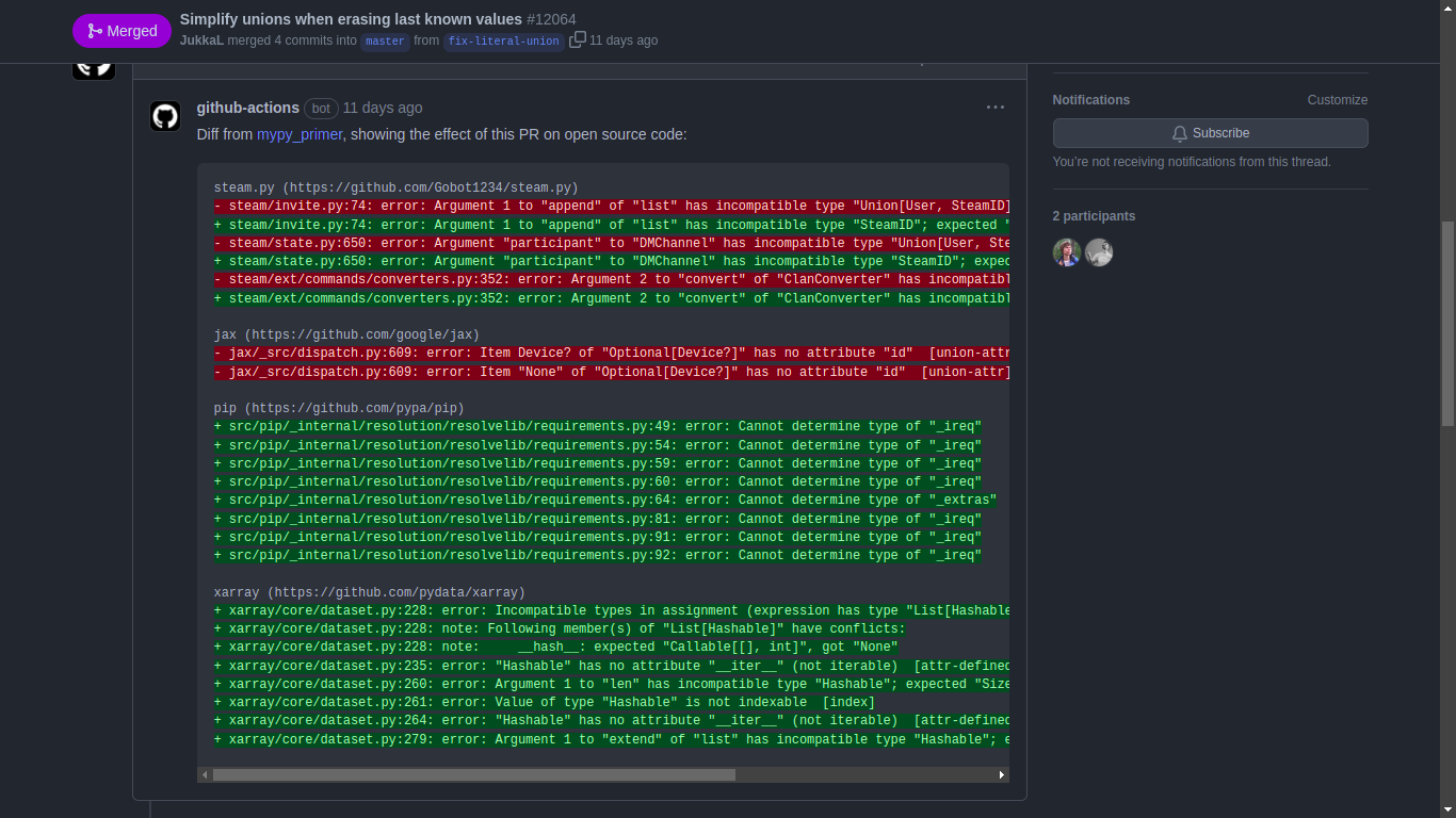 mypy-primer comment on python/mypy PR 12064 describing the impact of the change